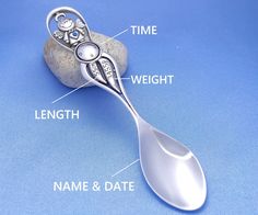 an image of a spoon labeled in the parts on a blue tablecloth with rocks and stones