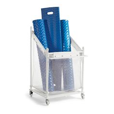 a white cart with blue file folders in it