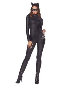 a woman wearing a catwoman costume and black catsuit is posing for the camera