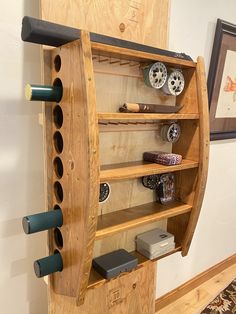 a wooden shelf with many different items on it