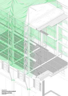 an architectural drawing of a building with scaffolding on the side and green paint