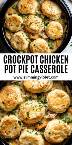 two images side by side with the words crockpot chicken pot pie casserole