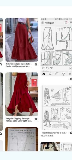 the instructions for this skirt are shown in several different styles, including long skirts and high - low heels