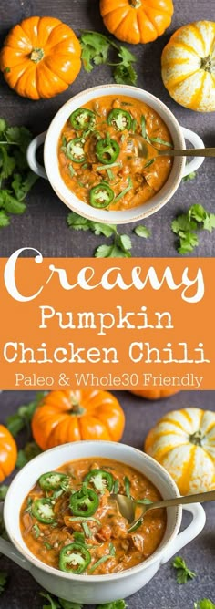 two white bowls filled with creamy pumpkin chicken chili