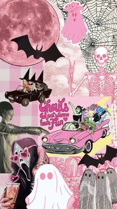 a collage of pink and black images with ghost, car, pumpkins, bats