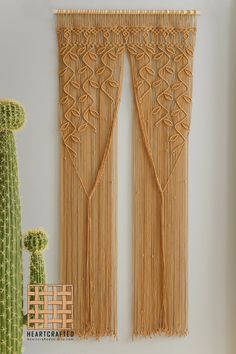 a cactus is next to two decorative curtains