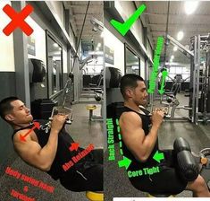 the man is doing exercises on his chest in the gym with green arrows pointing to each other