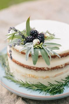 a three layer cake decorated with berries and greenery on a blue plate sitting on a stone surface