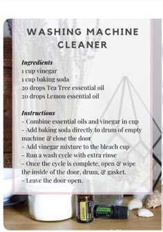 a recipe for washing machine cleaner with ingredients on the table and in front of it