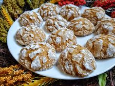 a white plate topped with cookies covered in powdered sugar