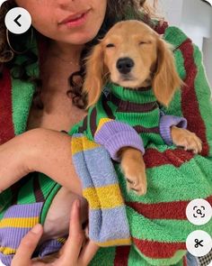 a woman holding a puppy wrapped in a towel and wearing a sweater with buttons on it