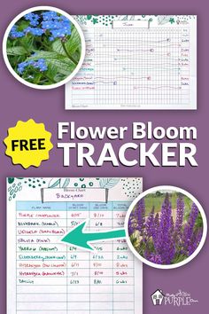 the flower bloom tracker is shown in three different pictures, including blue flowers and green leaves