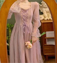 Misty Grace Romantic Vintage-Style Lace Fairy Princess Dress Pink And Purple Dress, Vintage Princess Dress, Cottagecore Fashion Aesthetic, Embroidered Fairy, Fairy Princess Dress, Purple Long Dress, Rapunzel Dress, Princess Sleeves, Disney Princess Dresses