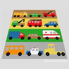 a cross stitch rug with cars and trucks on the road in different colors, shapes and sizes