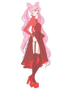 an anime character with long pink hair wearing high heels and a red dress, standing in front of a white background