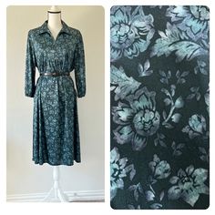 "These types of dresses were commonly worn around the house but this is totally outside appropriate. The material is very soft and I love the moody dark green floral. *I have shown this with a belt but the belt is not included. Description: Only Necessities size L (See measurements) dark green floral print 3/4 sleeve with elastic cuffs two hip pockets 100% polyester Vintage: 1970s Condition: very good very little wear seam came apart at the V part of neckline (see last photo) Measurements (taken Green Floral Print V-neck Dress, Floral House, Green V-neck Paisley Print Dress, 1970s Green Floral Print Dress, Retro Vintage Floral Print V-neck Dress, 1970s Floral Print Dress, Green Floral Print, House Dress, Day Dress