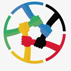 two hands holding each other in the middle of a circle with colors on it and black, white, yellow, red, green, blue, and orange