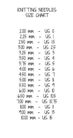 the knitting needle size chart is shown in black and white, with numbers for each needle