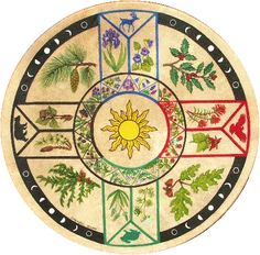 a circular design with various plants and flowers on it's center circle, surrounded by other decorative elements