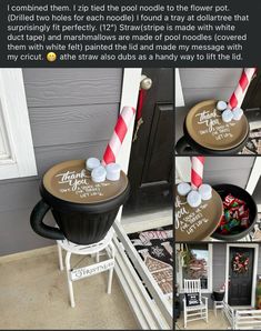 a collage of photos showing different ways to decorate an ice cream cone with candy canes