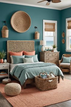 a bedroom with teal walls, wicker furniture and baskets on the bed's headboard