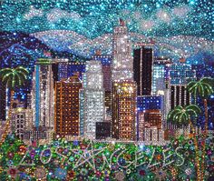 a painting of a city at night with fireworks and palm trees in the foreground