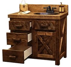 a wooden sink cabinet with drawers and a faucet in the center, on an isolated white background