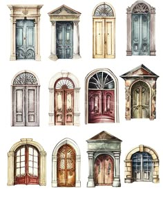 different types of doors and windows on a white background