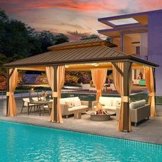 a gazebo next to a swimming pool with chairs and tables around it at dusk