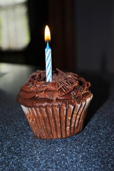 a chocolate cupcake with a single lit candle