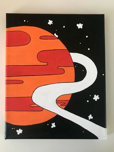 an orange and black painting with white lines going through the space between two red planets