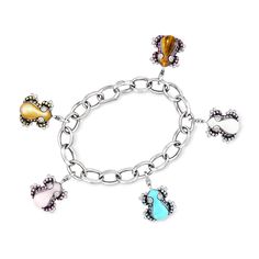 Ross-Simons - C. 1990 Vintage 3.60ct t. w. Multi-Gemstone, .40ct t. w. Diamond Frog Charm Bracelet. 7". C. 1990. Presented by our Estate collection, this fun bracelet features five vibrant frog friends! The charms are comprised of 16x6mm carved pink and white jade, yellow mother-of-pearl, tiger eye and turquoise gems with coordinating 3.60 ct. t. w. round multicolored sapphires, and finish with .40 ct. t. w. round brilliant-cut diamonds as eyes. Set in 18kt white gold. Cable chain. Foldover clasp, diamond and multi-gemstone frog charm bracelet. Exclusive, one-of-a-kind Estate Jewelry. Frog Friends, Fun Bracelet, Fine Jewelery, White Jade, Round Brilliant Cut Diamond, Cable Chain, Estate Jewelry, Tiger Eye, Round Brilliant