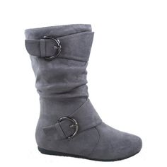 Round toe front Finished with cushioned insole, soft interior lining Finished with side zipper for easy on/off ~heel height: 0.25" (approx)~shaft length: 9.5" (including heels)~top opening circumference: 12" (approx) Size: 2.  Color: Gray.  Gender: female.  Age Group: kids. Grey Flats, Shoes Grey, Girls Shoes Kids, Flat Boots, Calf Boots, Mid Calf Boots, Boots Shoes, Toddler Shoes, Blue Shoes