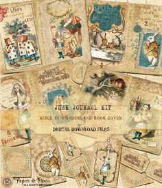 an old fashioned book cover with alice and the neverlander illustrations on it's pages