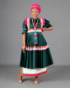 Mogoshadi Pleated Bridal Set in Green – MEDU Sepedi Traditional Attire, Pedi Traditional Attire, Sleek Updo, Traditional Weddings, African Print Dresses, Tailored Design, Traditional Attire, African Prints, Bold And Beautiful