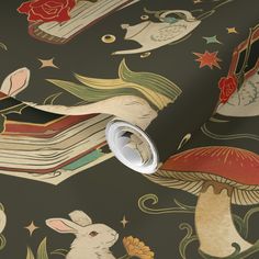 a red wallpaper with an image of rabbits and mushrooms on it, as well as a book