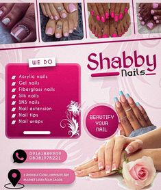 an advertisement for nail salons with pink and white designs on the front, featuring different manies