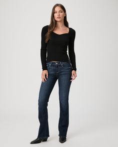 A universally flattering mid-rise style with a fitted silhouette through the hips and thighs, a slim bootcut from the knee down and a slightly shorter 32” inseam. Cut from our TRANSCEND VINTAGE denim in a timeless vintage-inspired dark wash with lived-in details and a raw hem, this pair has the look of authentic vintage denim but is incredibly comfortable with plenty of stretch and recovery. | Manhattan 32 Inch Bootcut Jean - Shipwreck Blue | Size 31 Affordable Dark Wash Buttoned Flare Jeans, Classic Dark Wash Flare Jeans With Button Closure, Dark Blue Bootcut Jeans, Dark Wash Bootcut Jeans Women, Dark Wash Bootcut Jeans, Shipwreck, Bootcut Jeans, Bottom Clothes, Vintage Denim