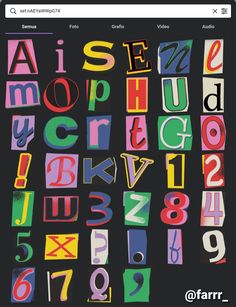 an image of colorful letters and numbers on a black background with the words alphabet written in different colors