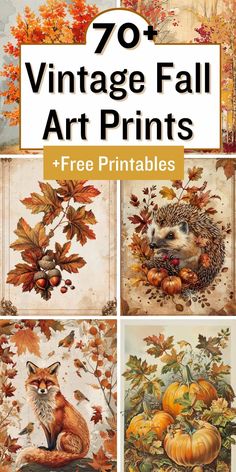 vintage fall art printables with pumpkins, leaves and an owl in the center