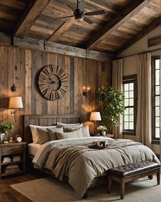 a bedroom with wood paneled walls and a large bed