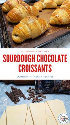 sourdough chocolate croissants on a baking sheet with the title text overlay