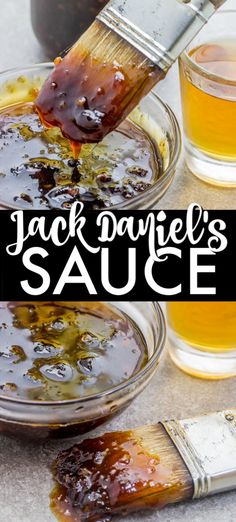 jack daniels sauce is being poured into glass bowls with spoons and honey in the background