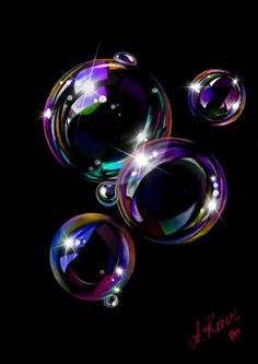 three soap bubbles floating in the air on a black background with sparkles and hearts