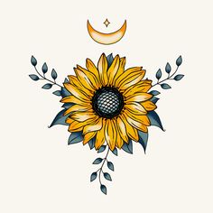 a drawing of a sunflower with a half moon in the background