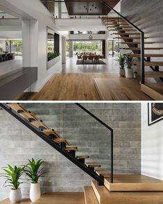 this modern house has an open floor plan and wooden stairs that lead up to the second floor