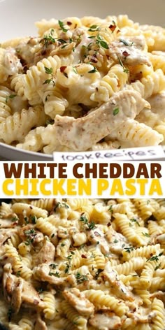 white cheddar chicken pasta in a skillet with text overlay that reads, white cheddar chicken pasta