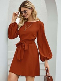 Boat Neck Bishop Sleeve Belted Dress | EMERY ROSE Nyc Summer, Fashion 80s, Designer Midi Dresses, Lantern Sleeve Dress, Bishop Sleeve, Crewneck Dress, Fashion Costume, Slim Dresses, 가을 패션