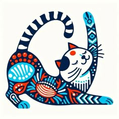 a cat with an orange and blue design on it's back, sitting in front of