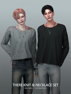 two people standing next to each other in front of a gray background with text that reads, there knit & necklace set